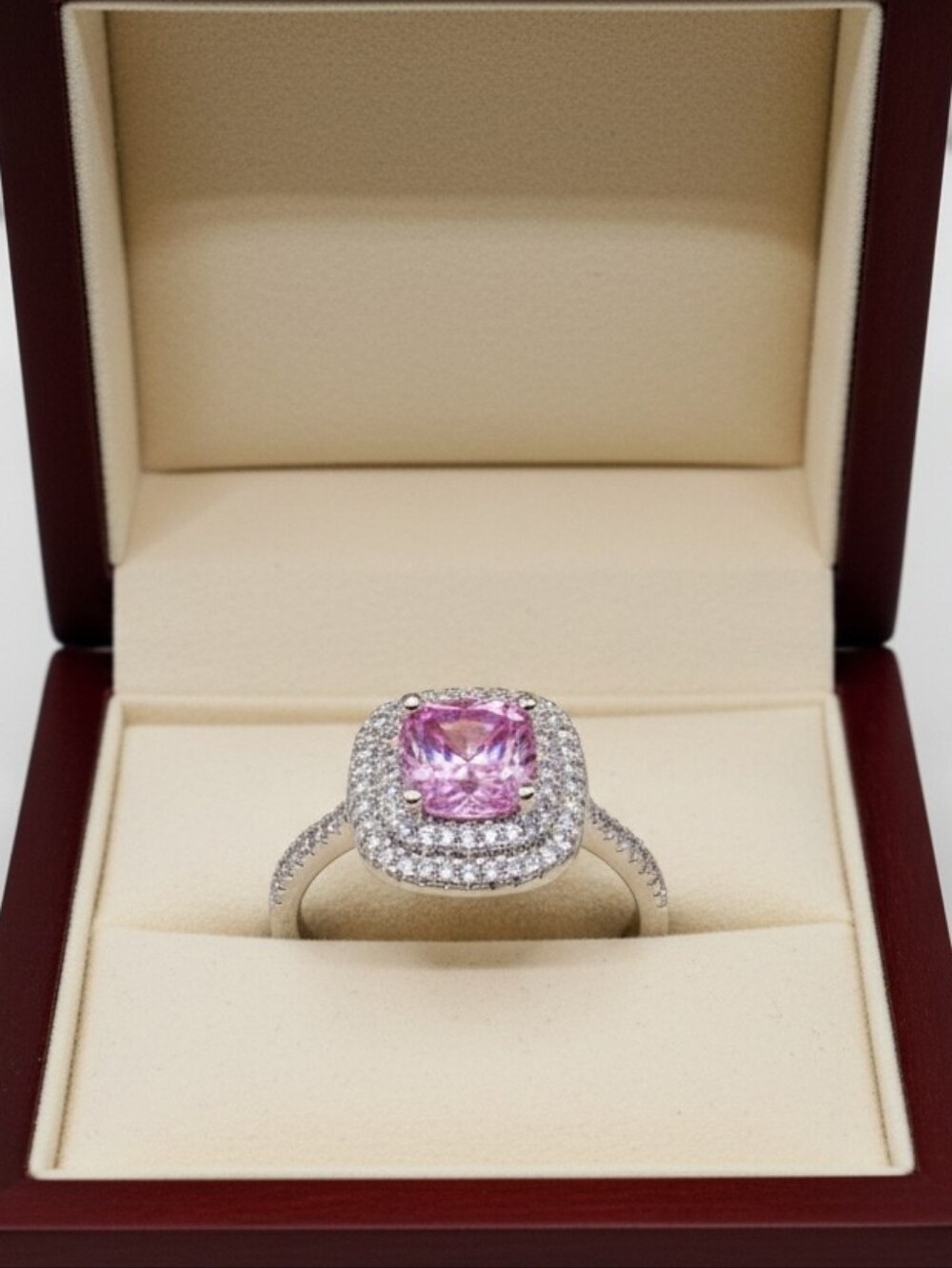 Pink Cushion Halo Ring with Double Row Pave - Women Jewelry
